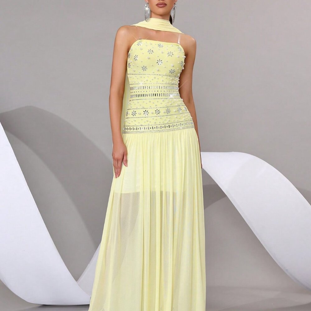 Yellow Chic Women's Strapless Rhinestone Maxi Dress - Picture 2 of 8